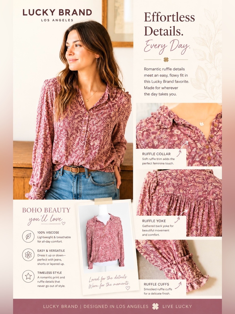 Lucky Brand Floral Ruffle Boho Blouse Pink 100% Viscose Women’s size Large